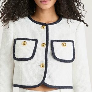 Cinq à Sept White Tweed Blazer with Dark Navy Edging